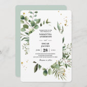 水彩モダン緑ユーカリ緑枠 招待状 (正面/裏面)