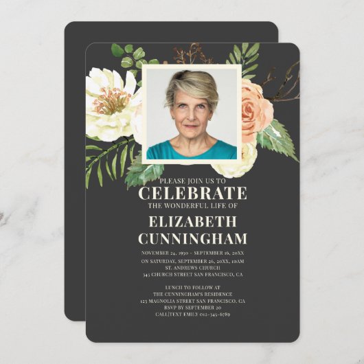 水彩モダン花模様写真記念 招待状 (正面/裏面)