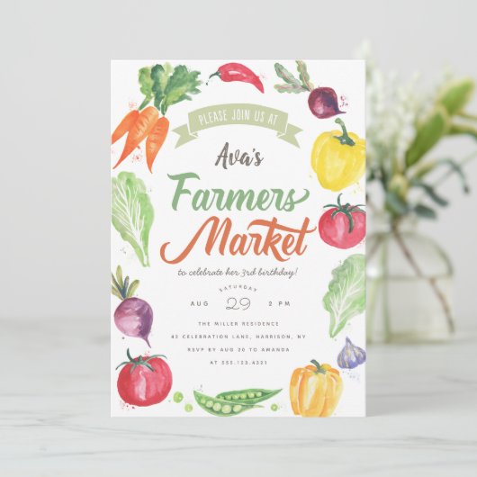 水彩モダン農家市場誕生パーティー 招待状 (スタンド正面)