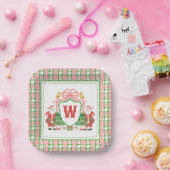 水彩モノグラムイニシャルプレイドサンタクレスト ペーパープレート (パーティー)