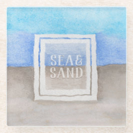 水彩モノグラムシーアンドサンドブルーとタン ガラスコースター