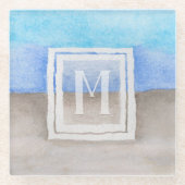 水彩モノグラムシーアンドサンドブルーとタン ガラスコースター (正面)