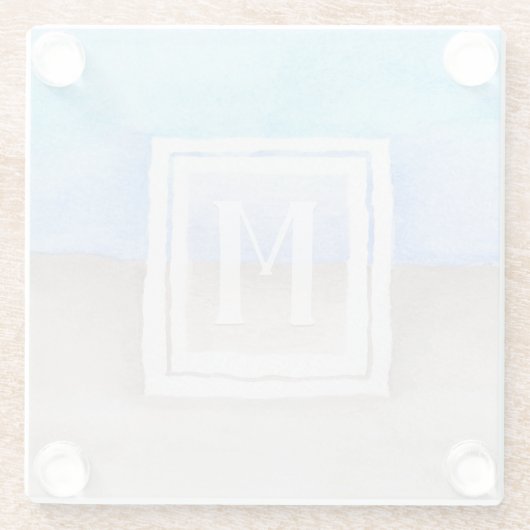 水彩モノグラムシーアンドサンドブルーとタン ガラスコースター (裏面)