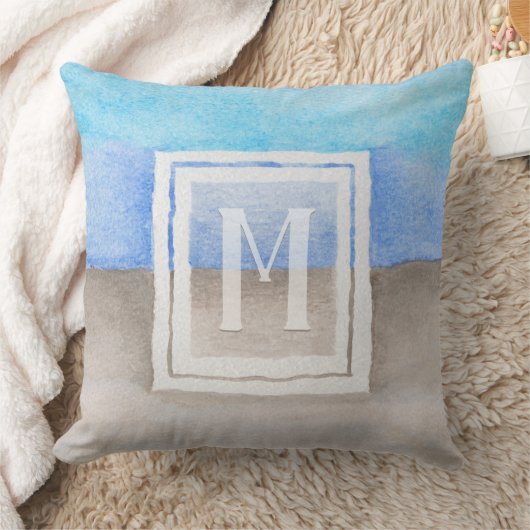 水彩モノグラムシーアンドサンドブルーとタン クッション (ブランケット)