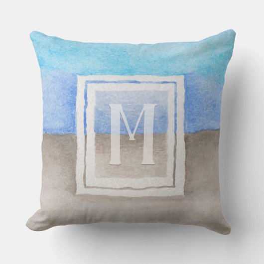 水彩モノグラムシーアンドサンドブルーとタン クッション (正面)