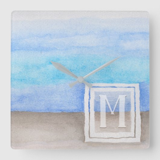 水彩モノグラムシーアンドサンドブルーとタン スクエア壁時計 (正面)