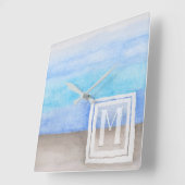 水彩モノグラムシーアンドサンドブルーとタン スクエア壁時計 (傾斜)