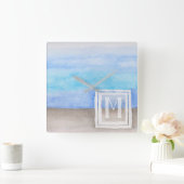 水彩モノグラムシーアンドサンドブルーとタン スクエア壁時計 (ホーム)