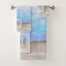 水彩モノグラムシーアンドサンドブルーとタン バスタオルセット