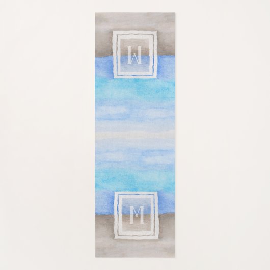 水彩モノグラムシーアンドサンドブルーとタン ヨガマット (正面)