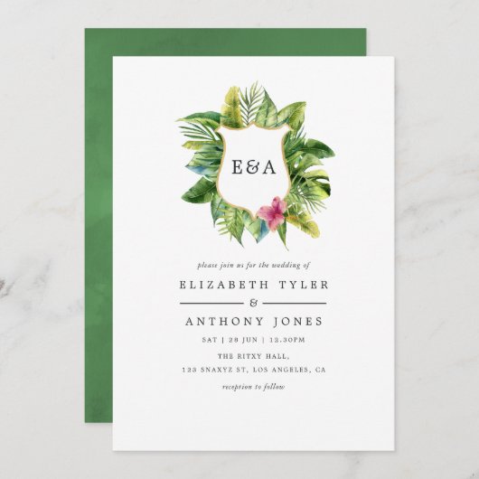 水彩モノグラムトロピカルサマービーチ結婚式 招待状 (正面/裏面)