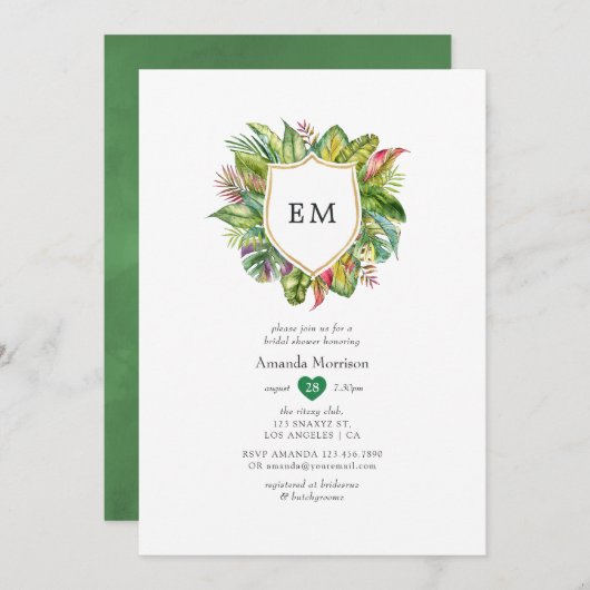 水彩モノグラムトロピカルサマーブライダルシャワー 招待状 (正面/裏面)