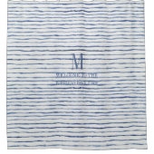 水彩モノグラムブルーストライプのホワイトビーチデコール シャワーカーテン (正面)