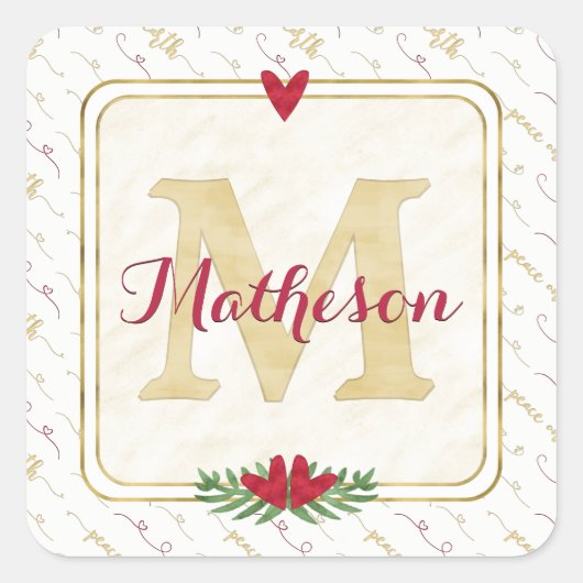 水彩モノグラムレッドと金ゴールドタイポグラフィ スクエアシール (正面)