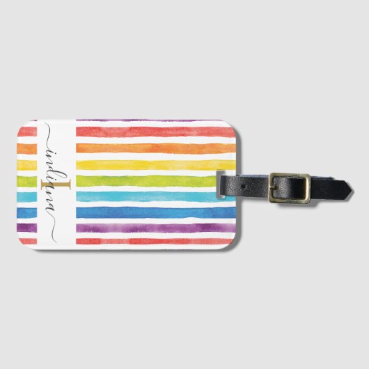 水彩モノグラム名レインボーストライプズ ラゲッジタグ (正面横)