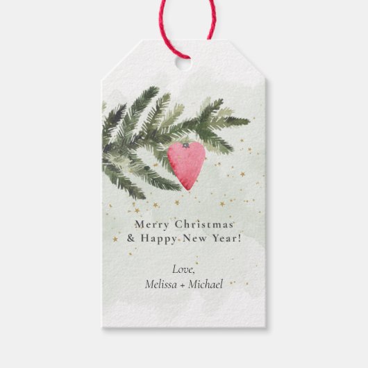 水彩モミの木と赤いハートオーナメントギフトラベル ギフトタグ (正面)