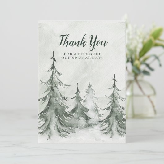 水彩モミの木の冬の結婚式 サンキューカード (スタンド正面)