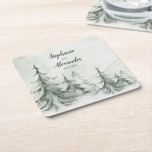 水彩モミの木の冬の結婚式 スクエアペーパーコースター (アングル)