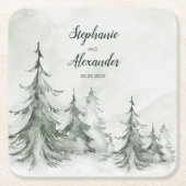 水彩モミの木の冬の結婚式 スクエアペーパーコースター (正面)