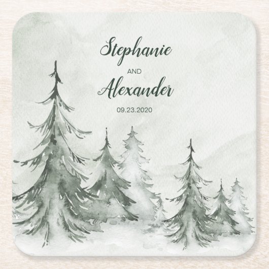 水彩モミの木の冬の結婚式 スクエアペーパーコースター (正面)