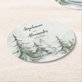 水彩モミの木の冬の結婚式 ラウンドペーパーコースター (アングル)