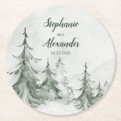 水彩モミの木の冬の結婚式 ラウンドペーパーコースター (正面)