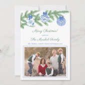 水彩モミの木の青い白いクリスマスのバウブルフォト シーズンカード (正面)