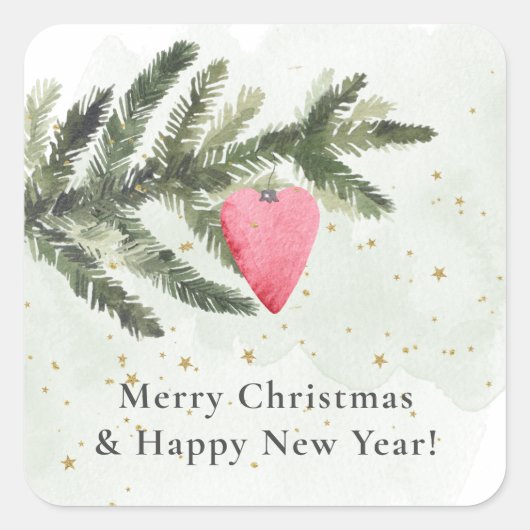 水彩モミの木+赤いハートオーナメント スクエアシール (正面)