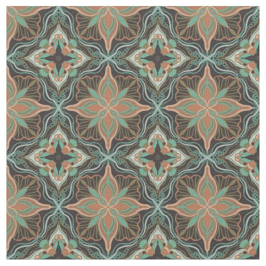 水彩モロッコブラウンフローラタイル ファブリック (クローズアップ)