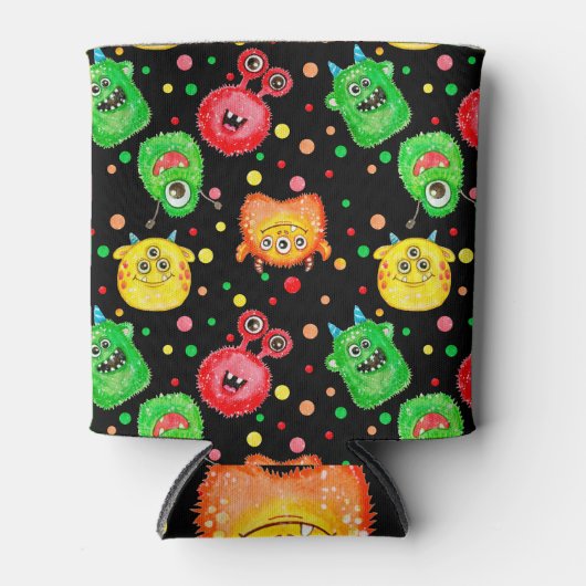 水彩モンスター：かわいいシームレスパターン 缶クーラー (正面)