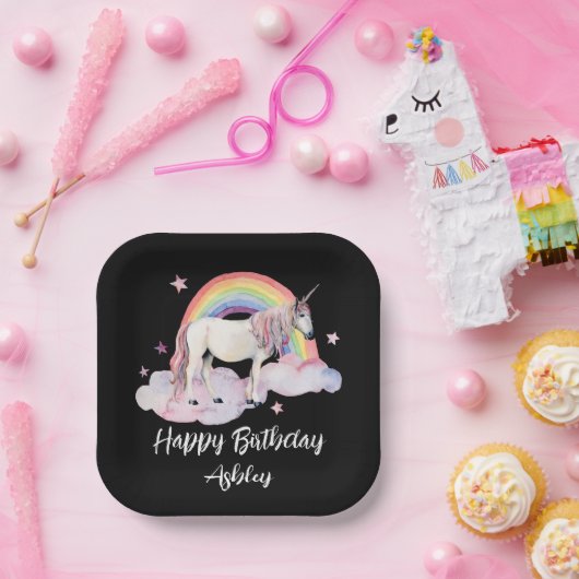 水彩ユニコーンとレインボーパーソナライズされた ペーパープレート (パーティー)