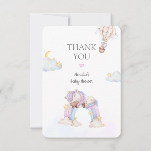水彩ユニコーンと虹のベイビーシャワー感謝 サンキューカード (正面)