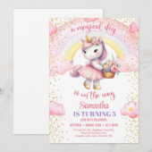 水彩ユニコーンのチュチュドレスと花の5周年記念 招待状 (正面/裏面)
