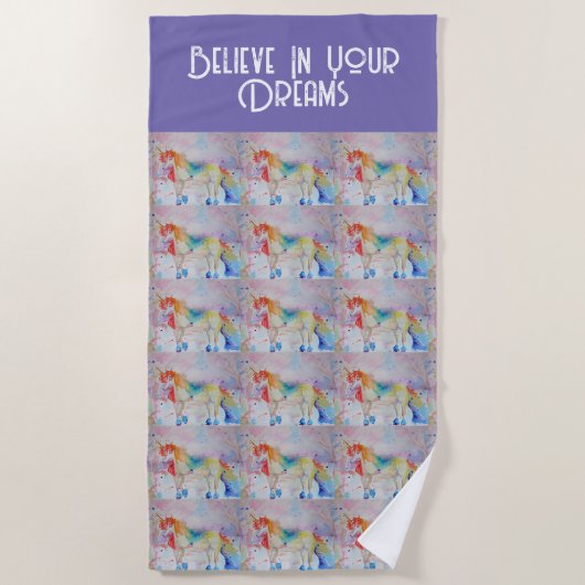 水彩ユニコーンアートパープルドリームスビーチタオル ビーチタオル (正面)