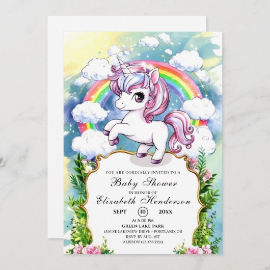 水彩ユニコーンカスタム赤ちゃんシャワー 招待状 (正面/裏面)