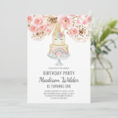 水彩ユニコーンガールファースト誕生日招待状 招待状 (スタンド正面)