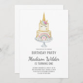 水彩ユニコーンガールファースト誕生日 招待状 (正面/裏面)