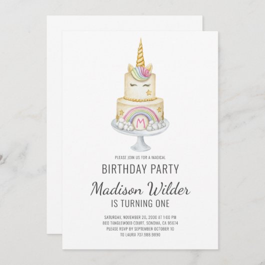 水彩ユニコーンガールファースト誕生日 招待状 (正面/裏面)