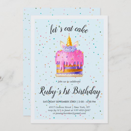 水彩ユニコーンケーキ誕生日招待状 (正面/裏面)