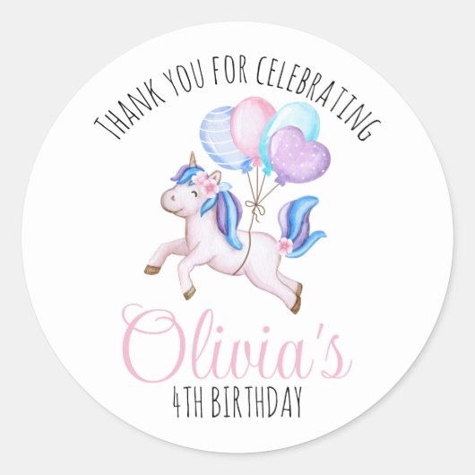 水彩ユニコーンバルーン誕生日パーティー ラウンドシール (正面)