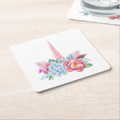 水彩ユニコーンフローラクラウン スクエアペーパーコースター (アングル)