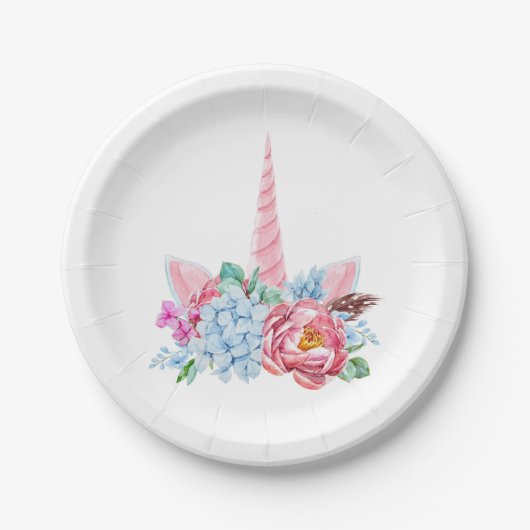 水彩ユニコーンフローラクラウン ペーパープレート (正面)