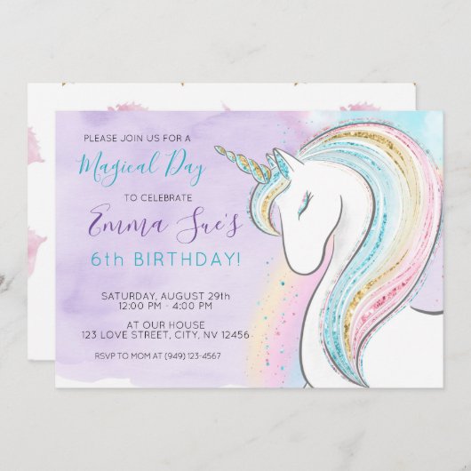 水彩ユニコーンマジカルデイガールズ誕生日 招待状 (正面/裏面)