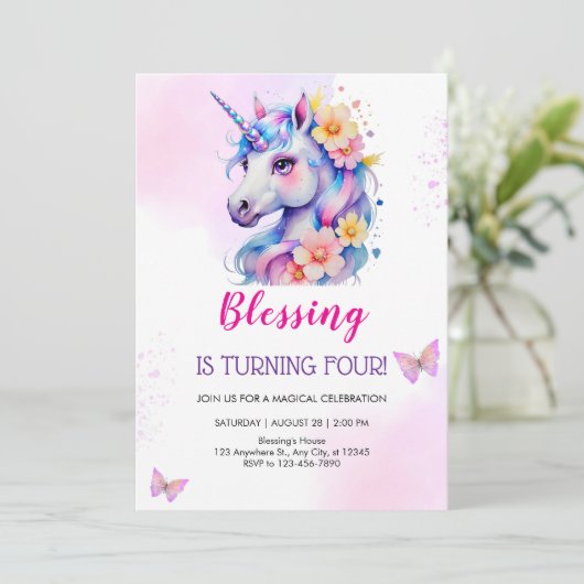 水彩ユニコーンマジカルデイガールズ誕生日 招待状 (スタンド正面)
