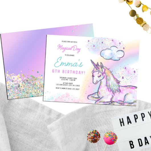 水彩ユニコーンマジカルデイガールズ誕生日 招待状