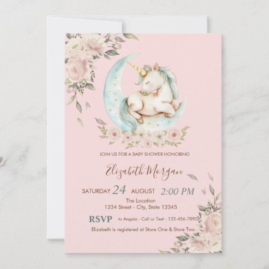 水彩ユニコーンムーンフローラ赤ちゃんシャワー 招待状 (正面)