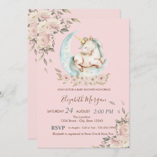 水彩ユニコーンムーンフローラ赤ちゃんシャワー 招待状 (正面/裏面)