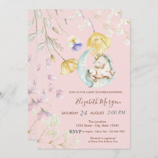 水彩ユニコーンムーンワイルドフラワーベビーシャワー 招待状 (正面/裏面)