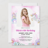 水彩ユニコーンレインボーガールフォト誕生日 招待状 (正面)