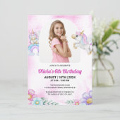 水彩ユニコーンレインボーガールフォト誕生日 招待状 (スタンド正面)